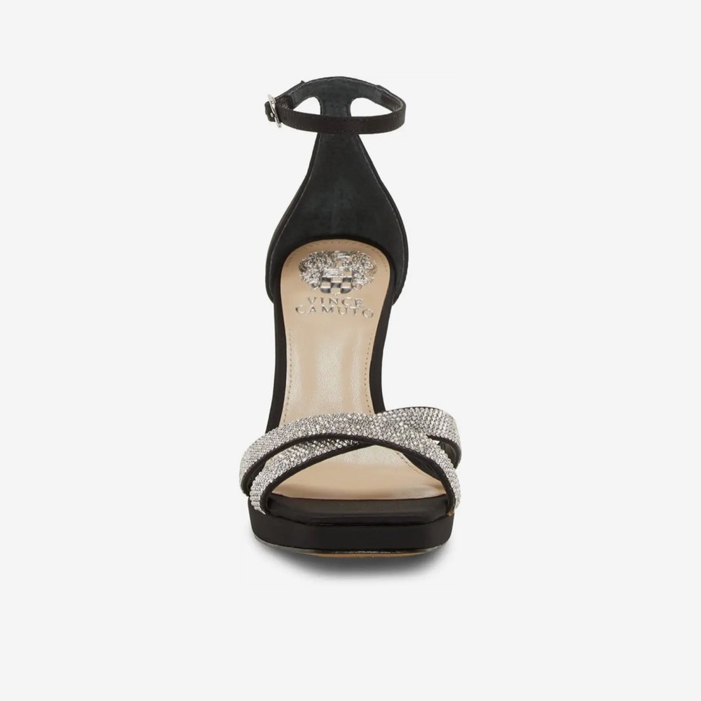 Vince Camuto Kalvira 2 Black Satin Rhinestone Square Open Toe Ankle Strap Heels - Picture 2 of 11